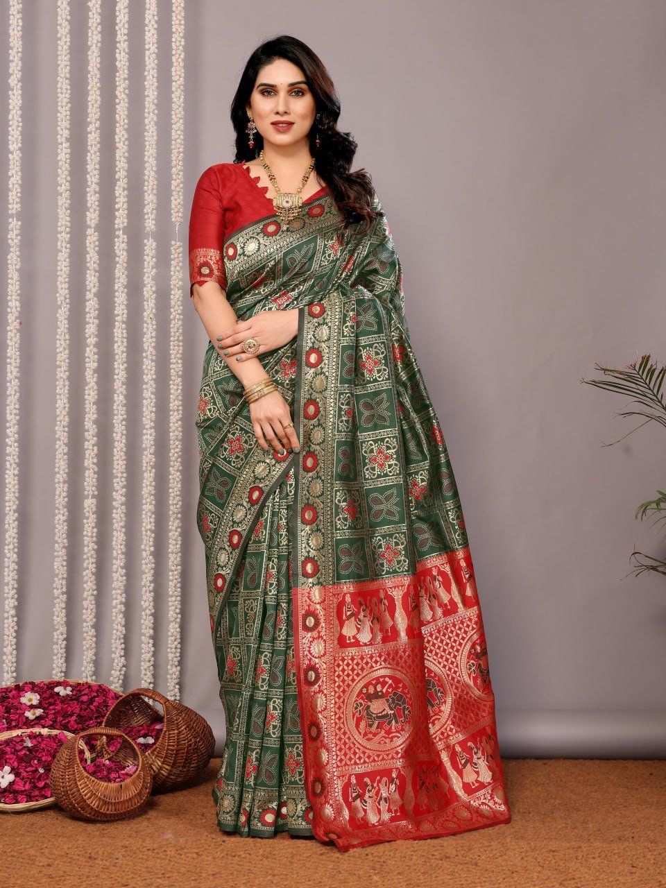 Leaf Green And Red Banarasi Soft Silk Saree