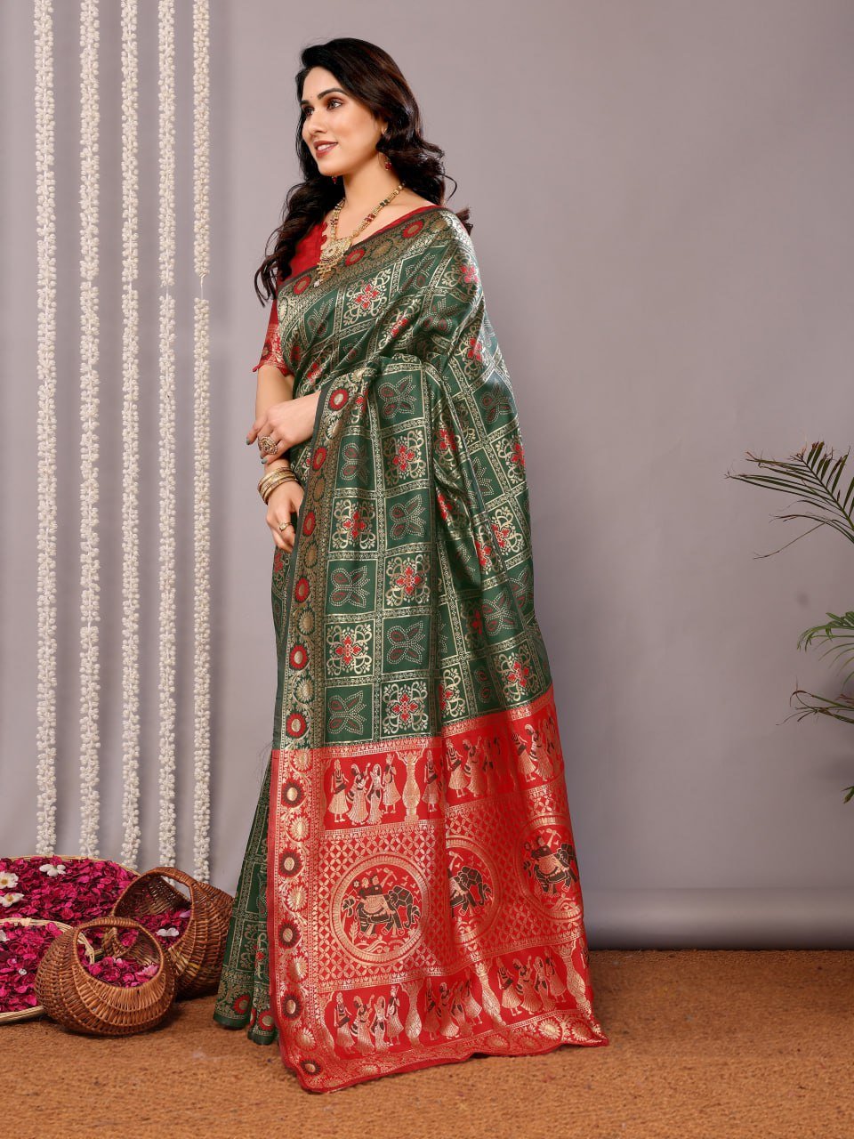 Leaf Green And Red Banarasi Soft Silk Saree