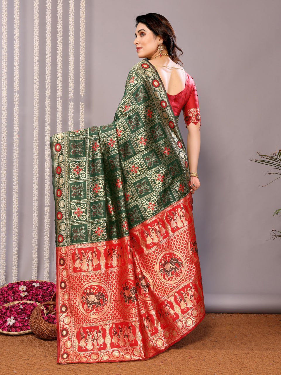 Leaf Green And Red Banarasi Soft Silk Saree