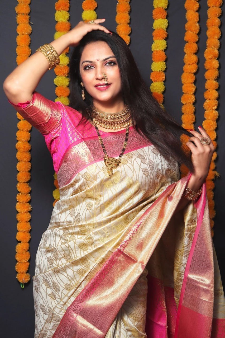 Dark Pink And Golden Banarasi Soft Silk Saree