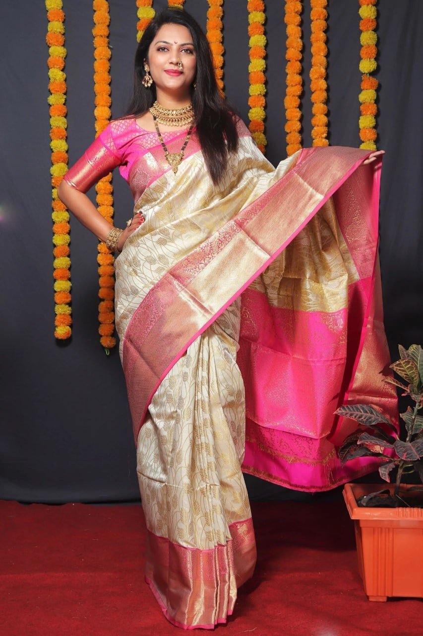 Dark Pink And Golden Banarasi Soft Silk Saree