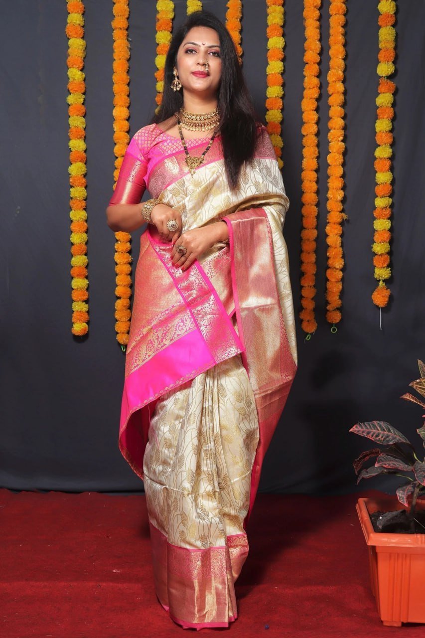 Dark Pink And Golden Banarasi Soft Silk Saree