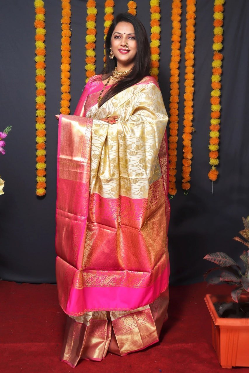 Dark Pink And Golden Banarasi Soft Silk Saree