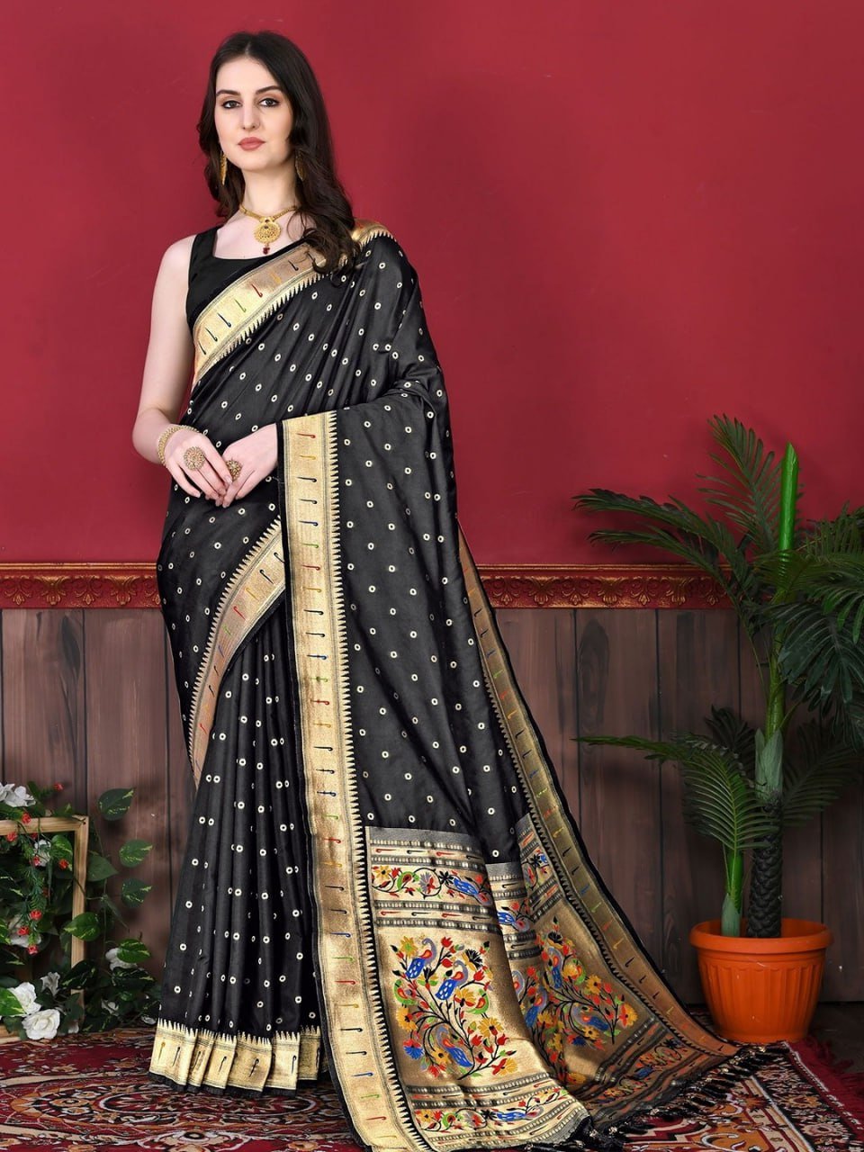Black And Golden Banarasi Soft Silk Saree