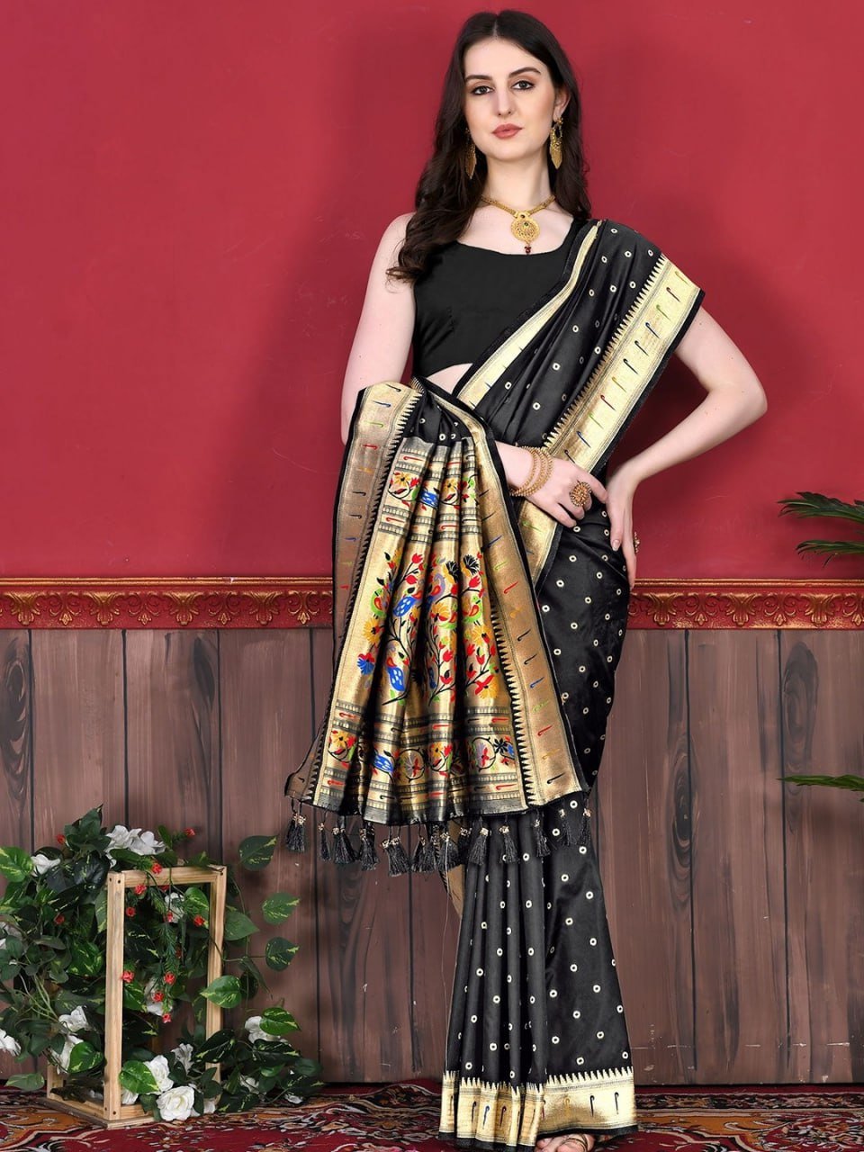 Black And Golden Banarasi Soft Silk Saree