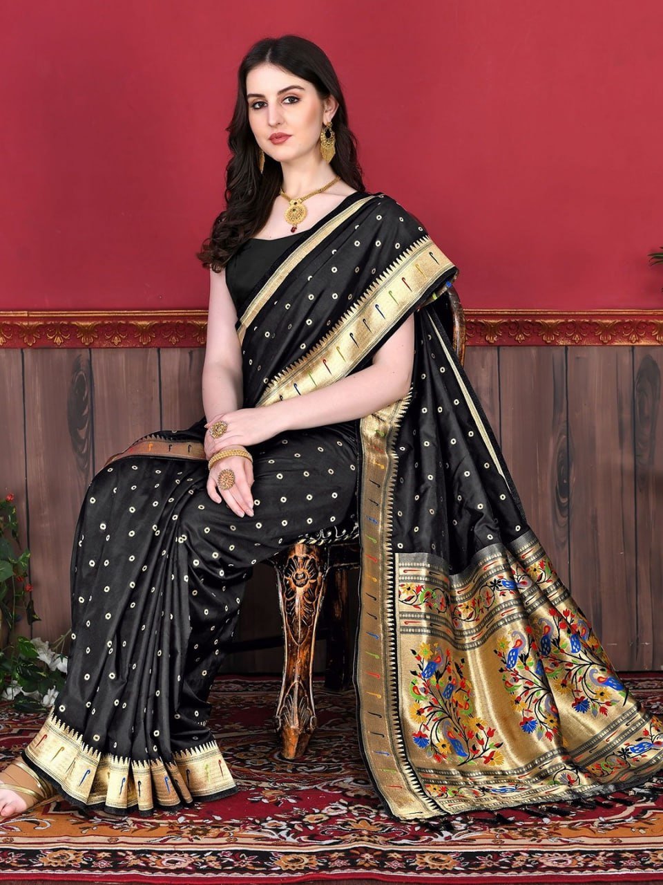 Black And Golden Banarasi Soft Silk Saree