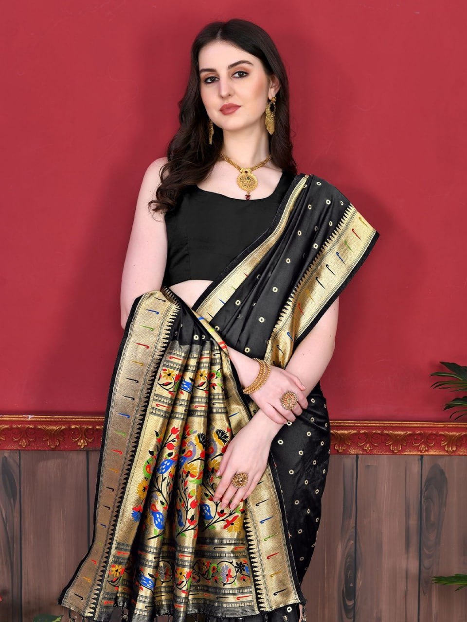 Black And Golden Banarasi Soft Silk Saree
