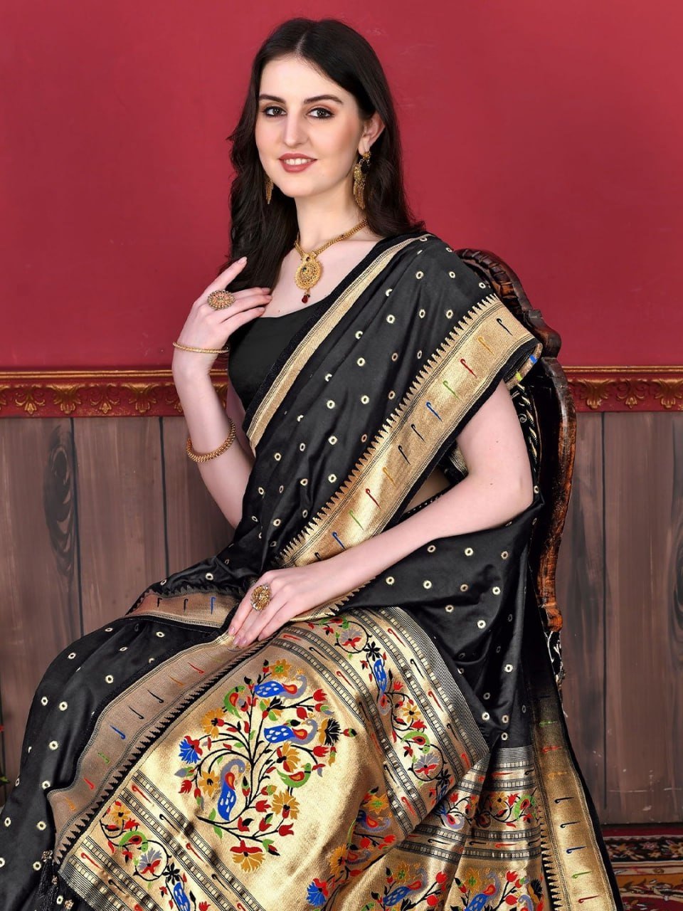 Black And Golden Banarasi Soft Silk Saree