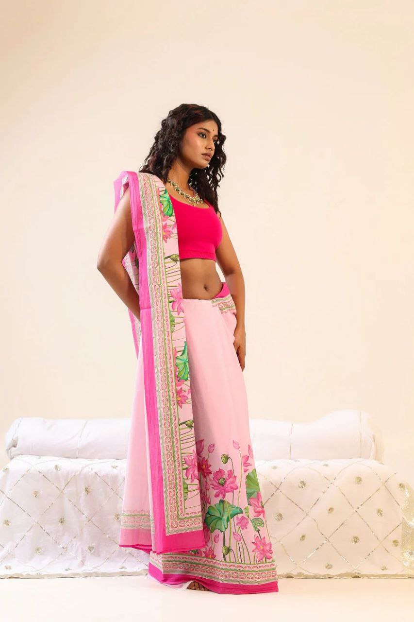 Pink Designer Soft Linen Digital Printed Saree