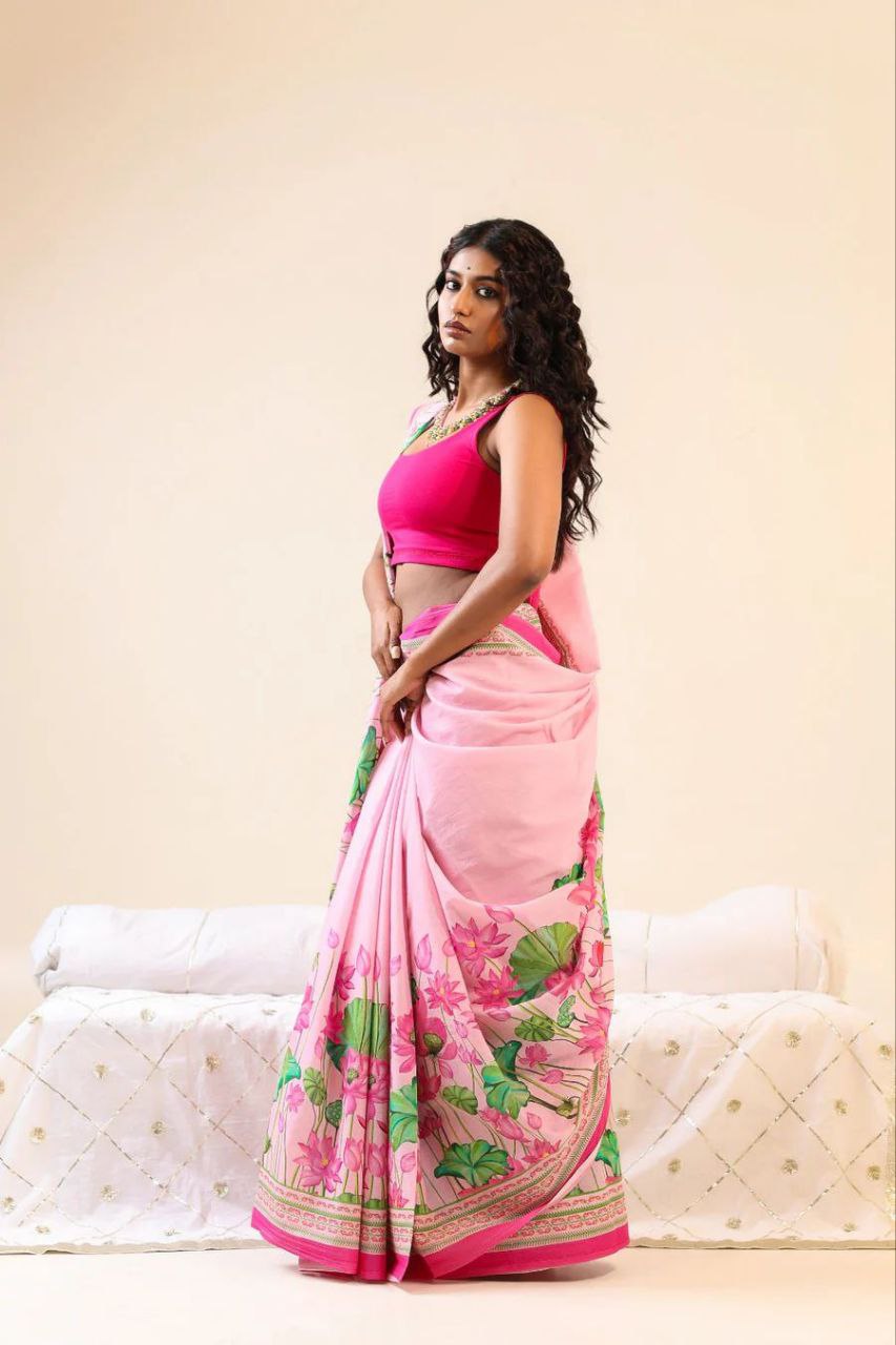 Pink Designer Soft Linen Digital Printed Saree