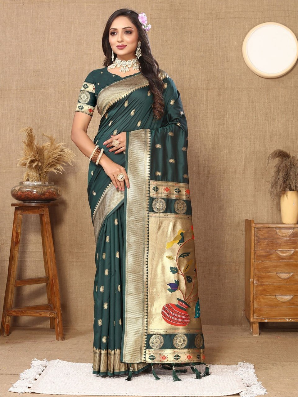 Bottle Green Banarasi Soft Silk Saree