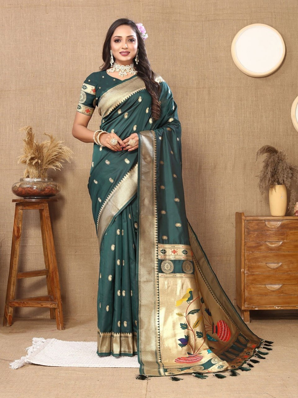 Bottle Green Banarasi Soft Silk Saree