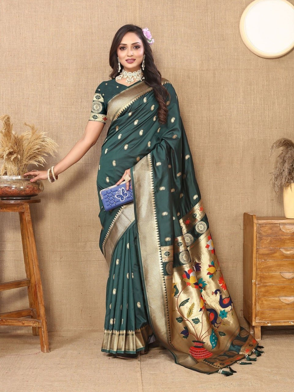 Woman wearing bottle green Banarasi soft silk saree with zari work – wedding saree