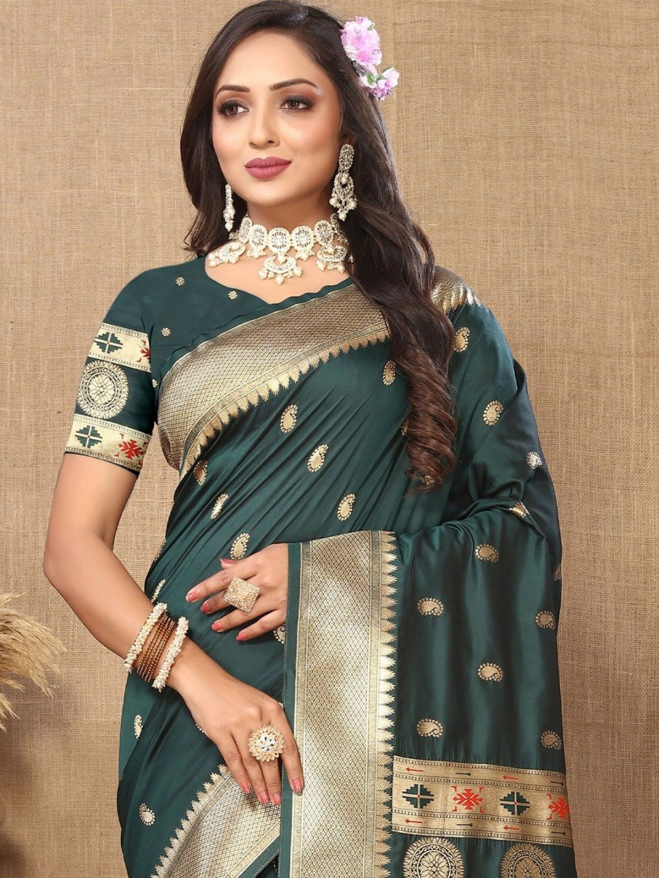 Bottle Green Banarasi Soft Silk Saree