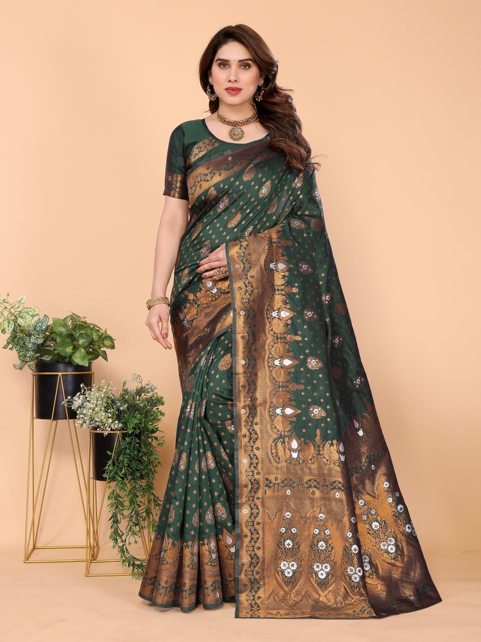 Golden And Green Banarasi Soft Silk Saree