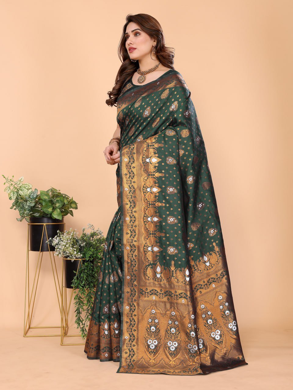 Golden And Green Banarasi Soft Silk Saree