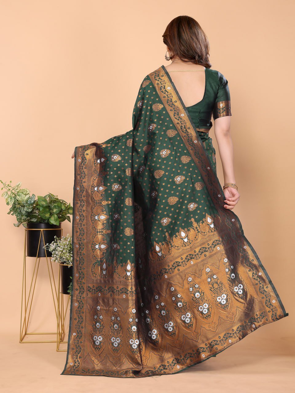 Golden And Green Banarasi Soft Silk Saree