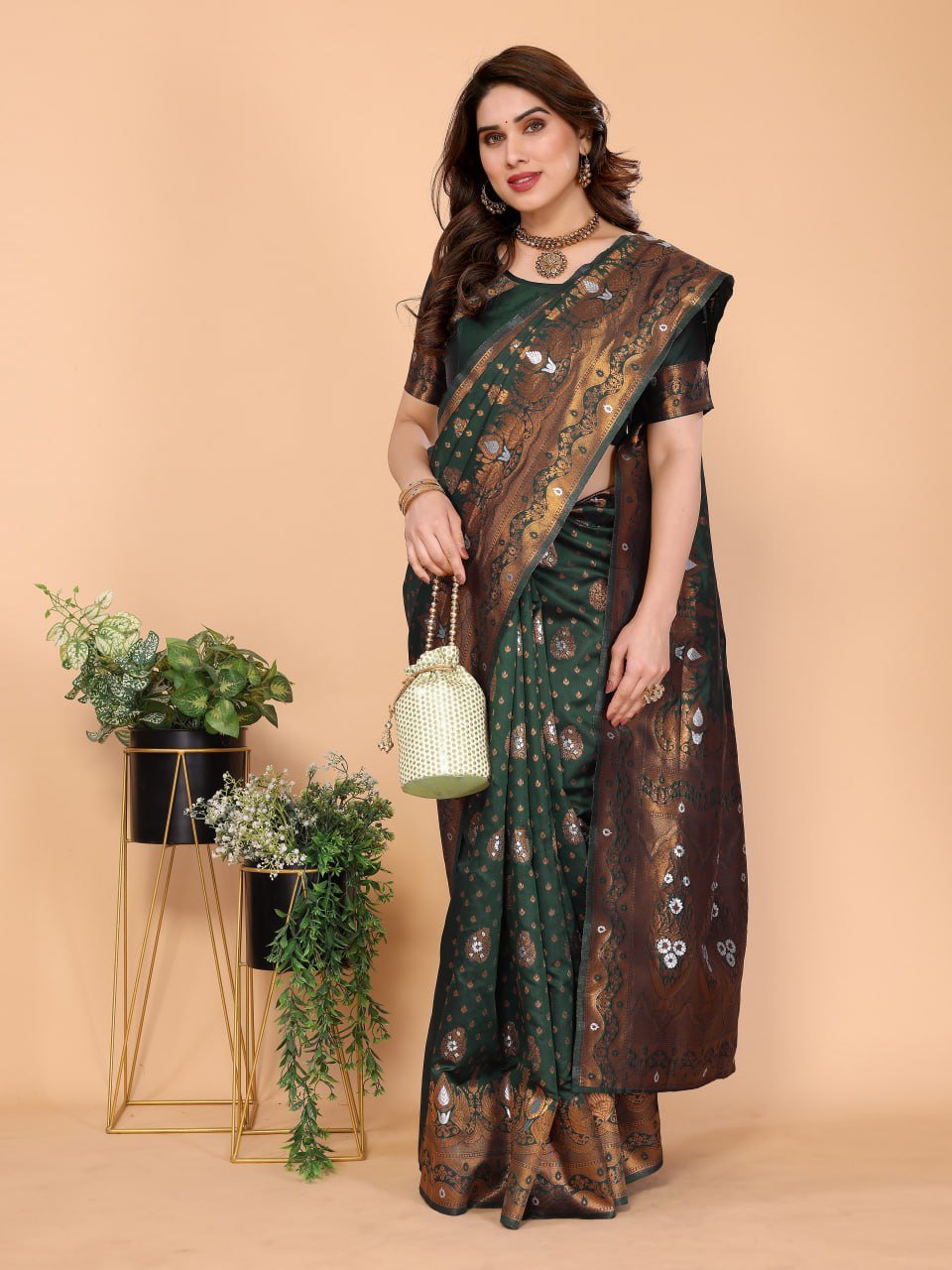 Golden And Green Banarasi Soft Silk Saree