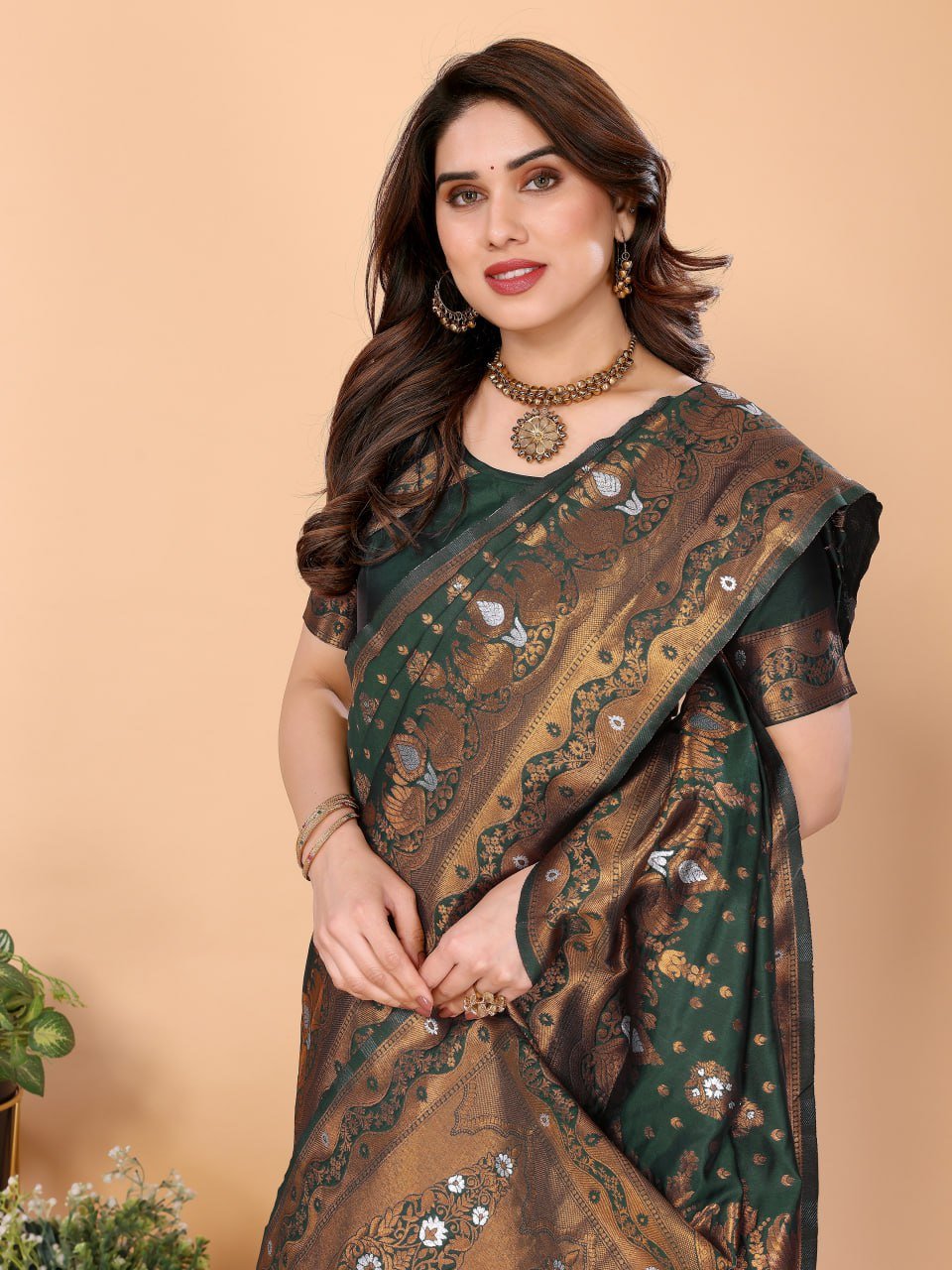 Golden And Green Banarasi Soft Silk Saree