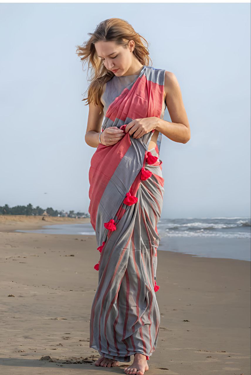 Grey Plain Linen Striped Digital Printed Saree