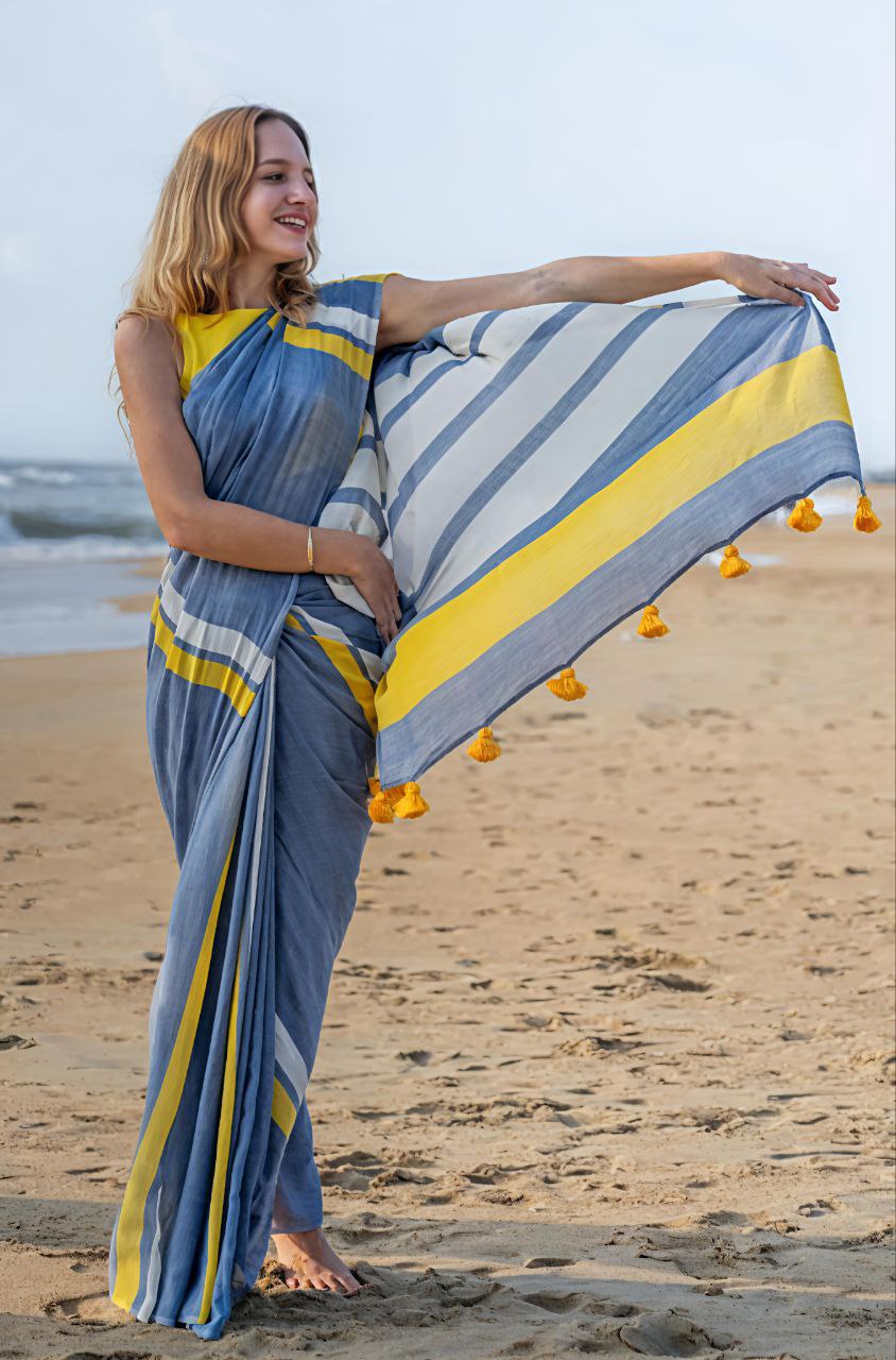 Water Blue Plain Linen Striped Digital Printed Saree