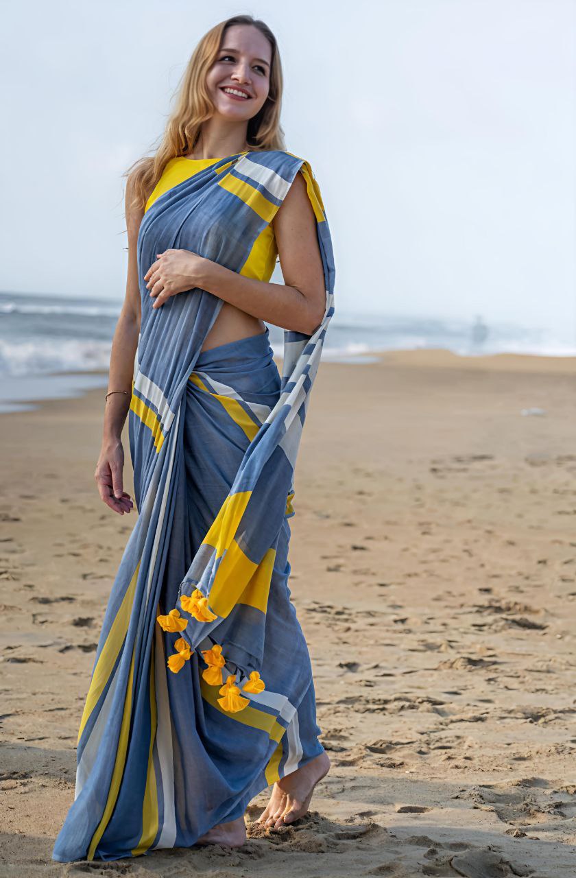 Water Blue Plain Linen Striped Digital Printed Saree