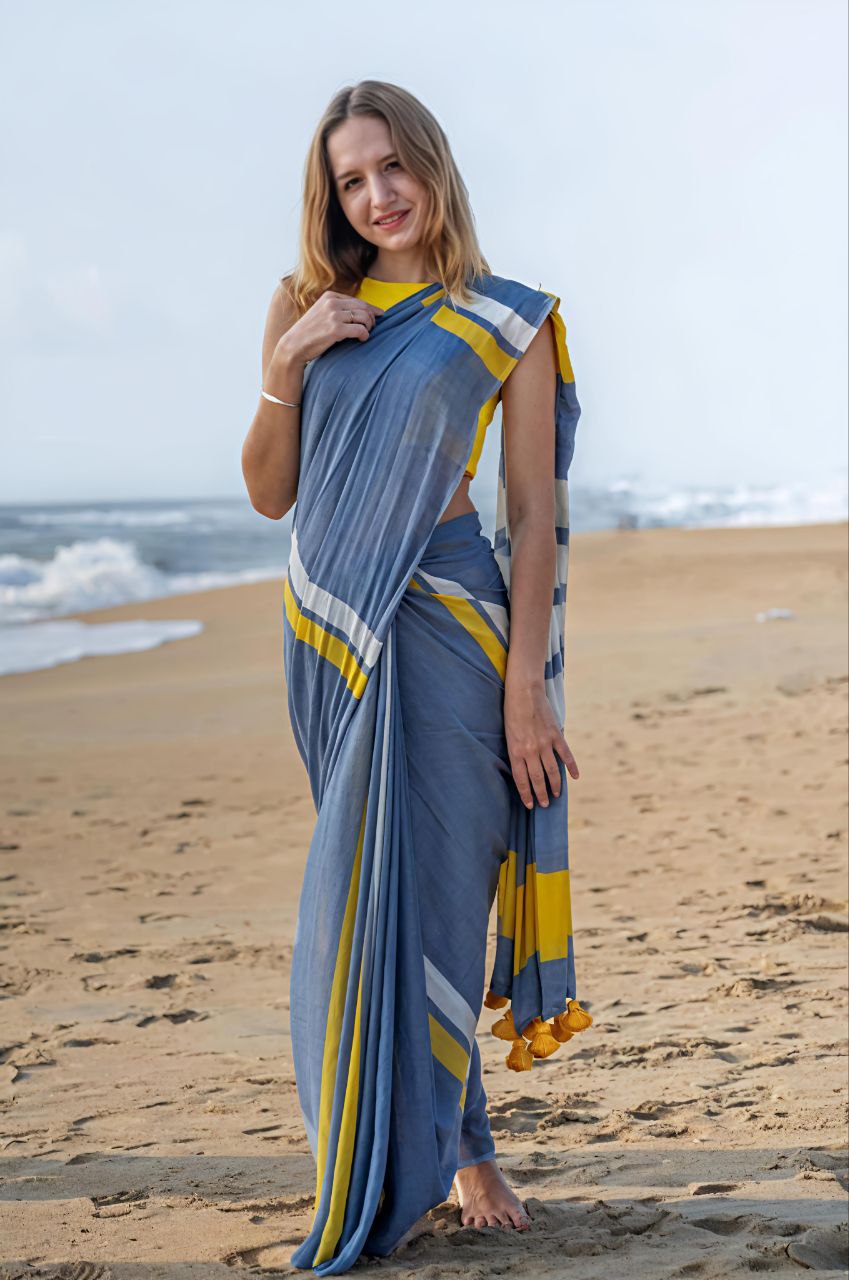 Water Blue Plain Linen Striped Digital Printed Saree