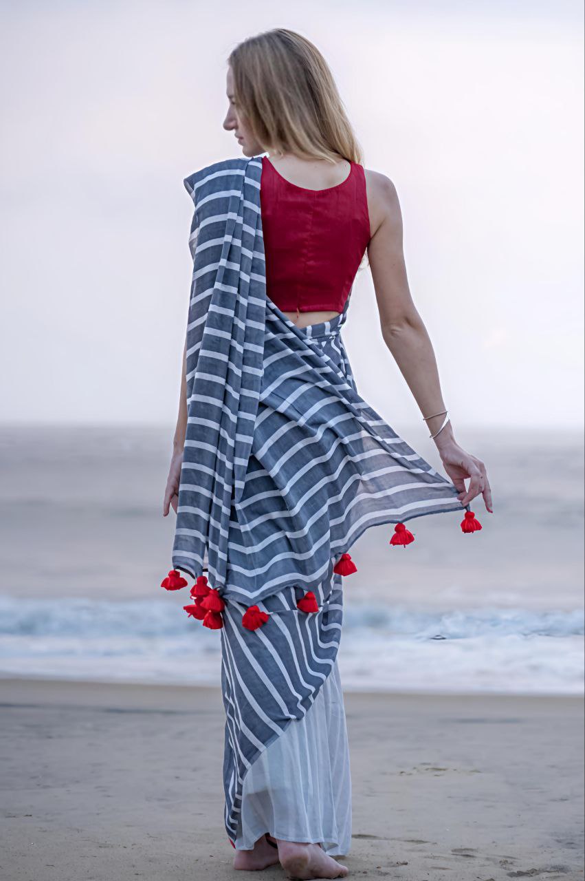 Blue Striped  Plain Linen Digital Printed Saree