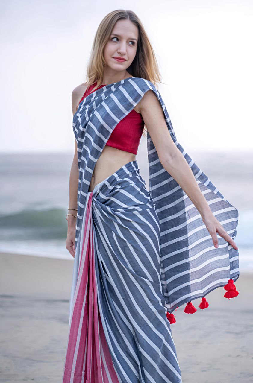 Blue Striped  Plain Linen Digital Printed Saree