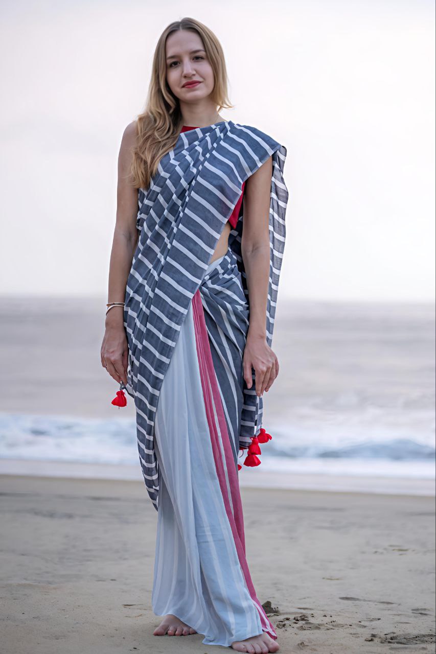 Blue Striped  Plain Linen Digital Printed Saree