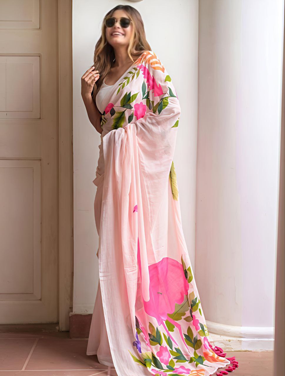 Baby Pink Plain Linen Digital Printed Saree