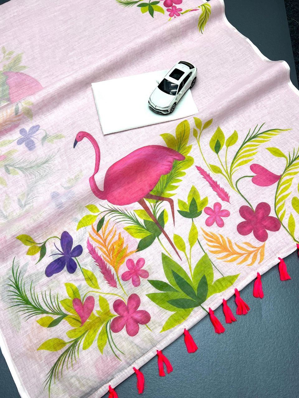 Baby Pink Plain Linen Digital Printed Saree