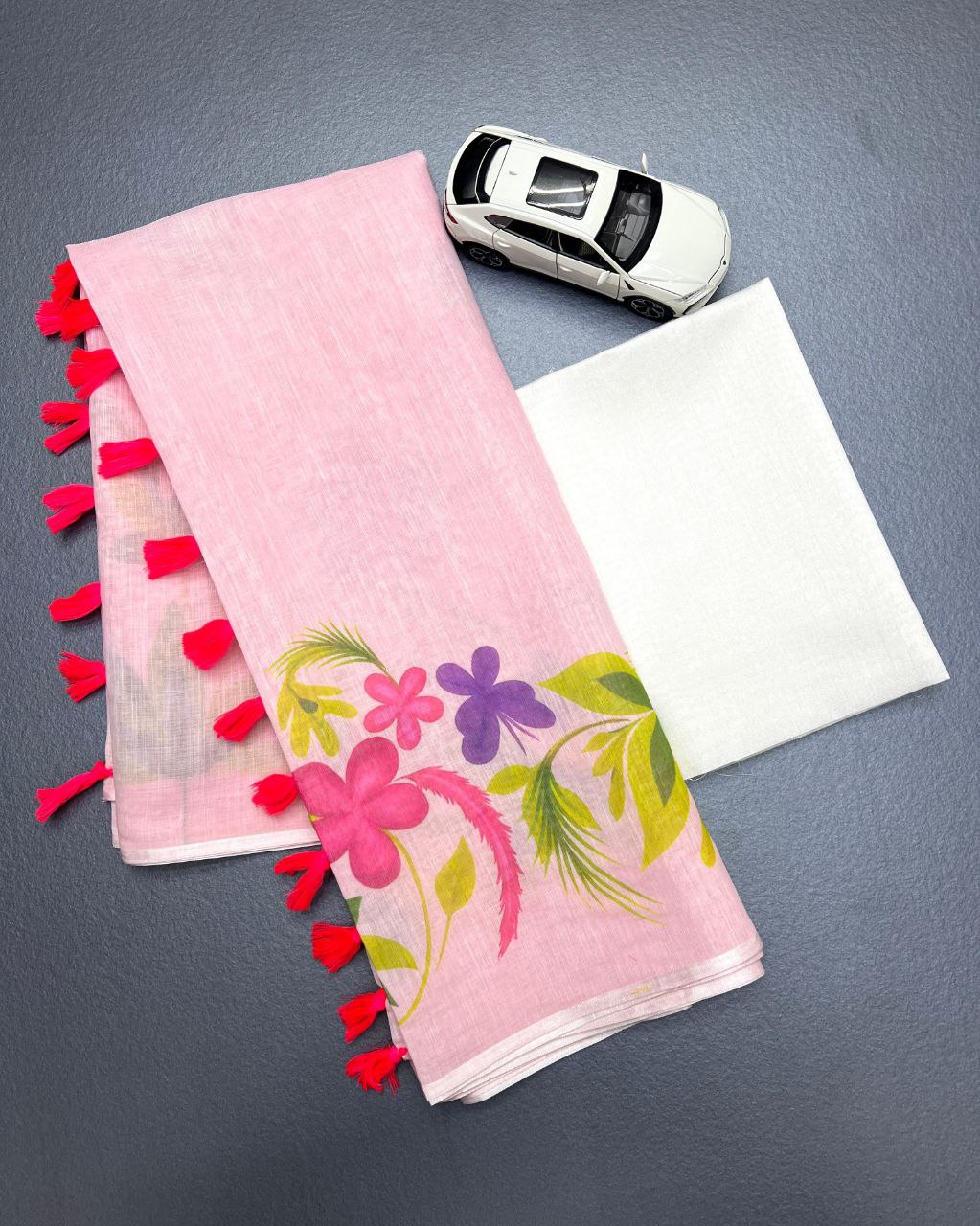 Baby Pink Plain Linen Digital Printed Saree