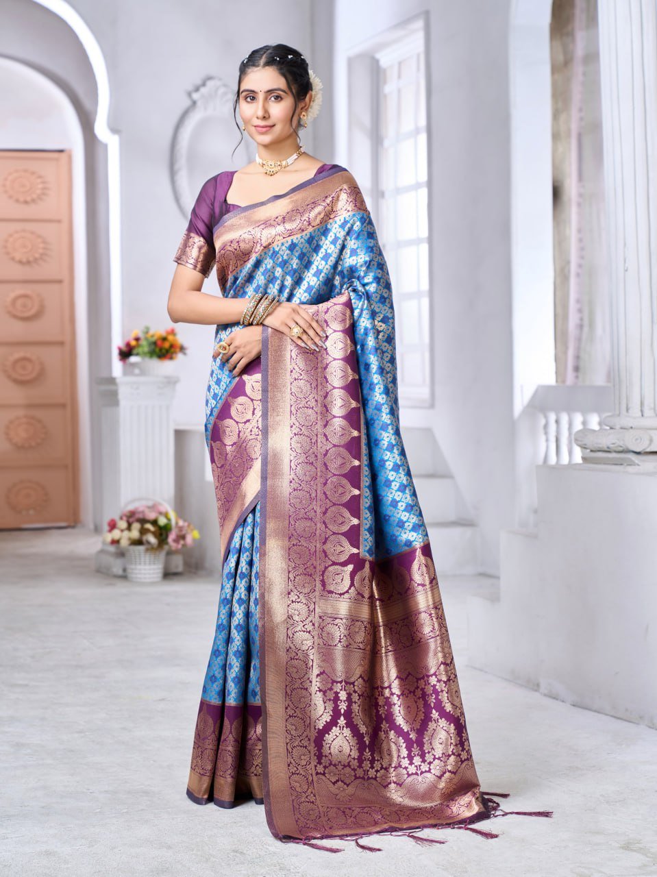 Sky blue and purple Banarasi soft silk saree with zari weaving – festive saree