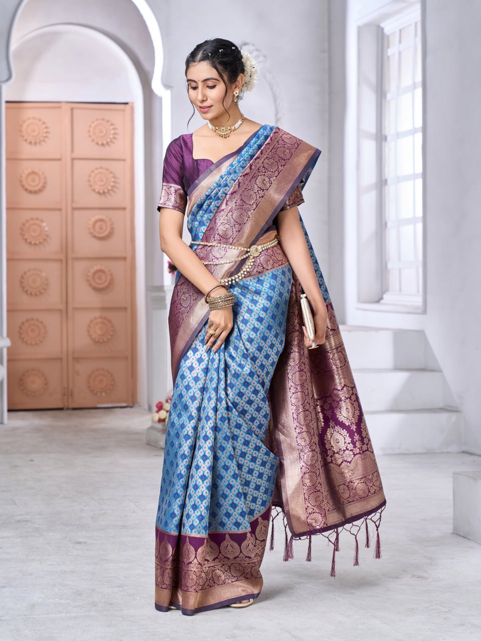 Sky Blue And Purple Banarasi Soft Silk Saree