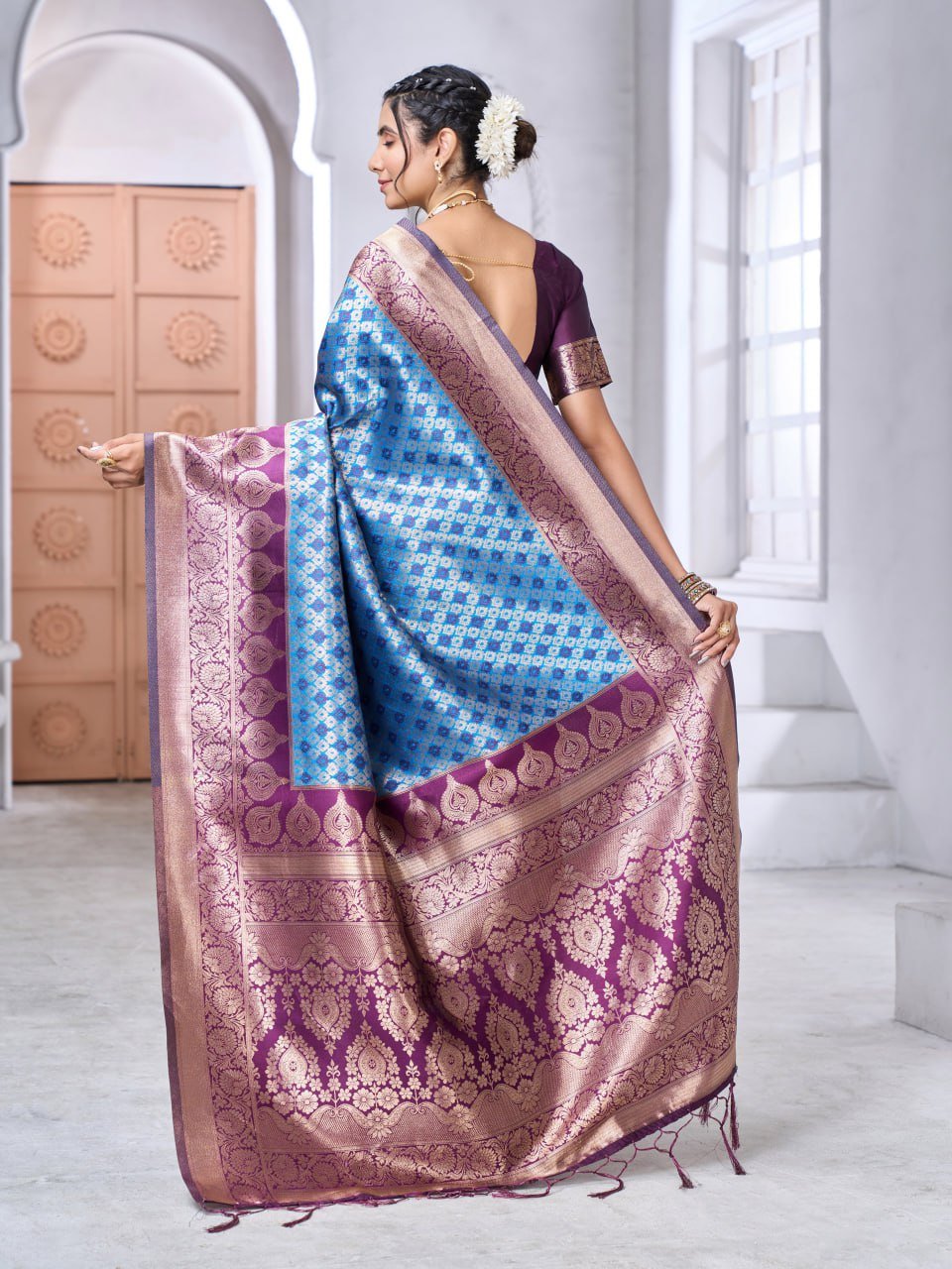 Sky Blue And Purple Banarasi Soft Silk Saree