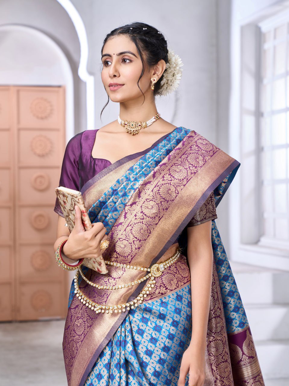 Sky Blue And Purple Banarasi Soft Silk Saree