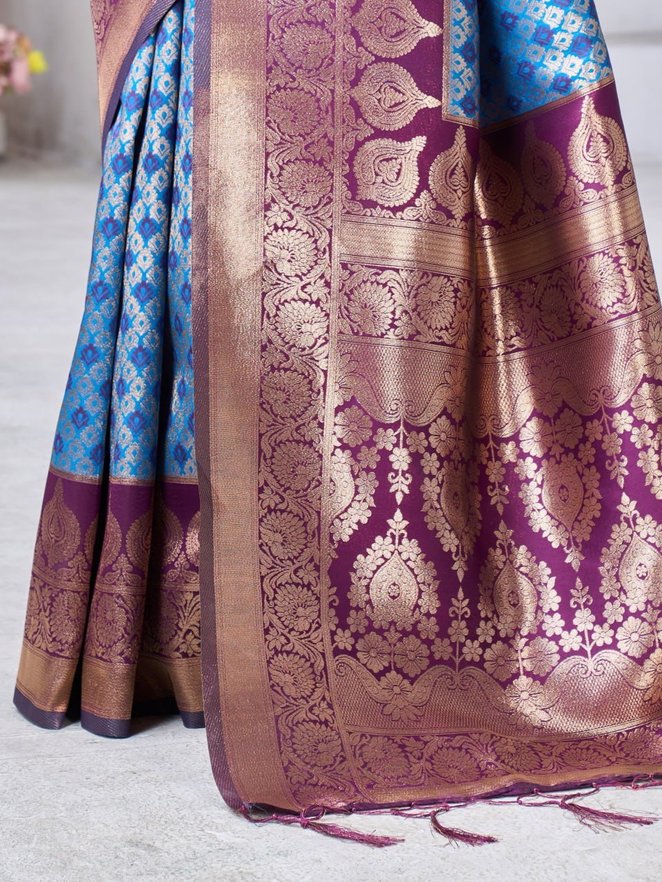 Sky Blue And Purple Banarasi Soft Silk Saree