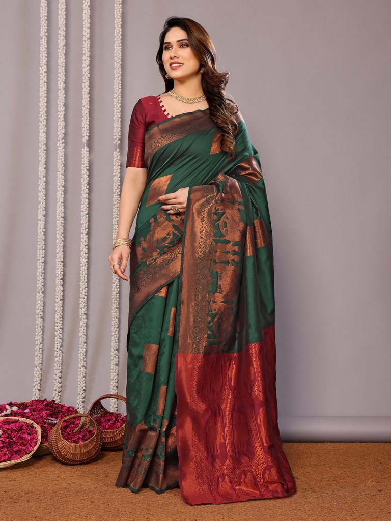 Maroon Green Banarasi Soft Silk Saree