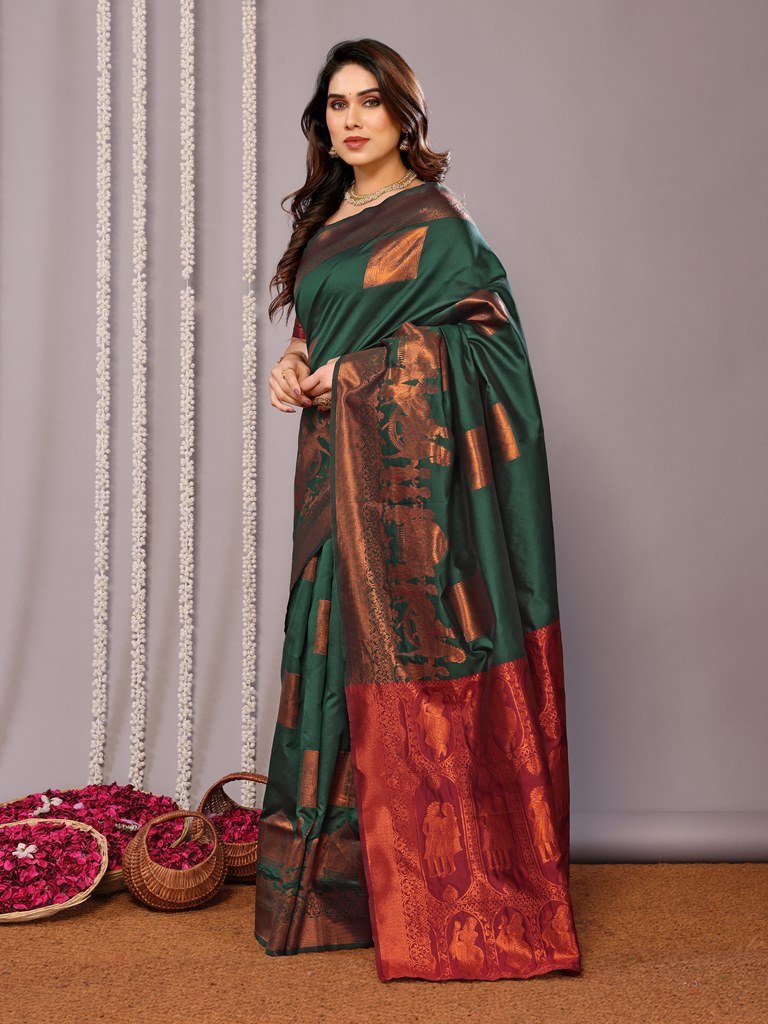 Maroon Green Banarasi Soft Silk Saree