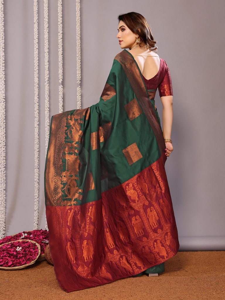 Maroon Green Banarasi Soft Silk Saree