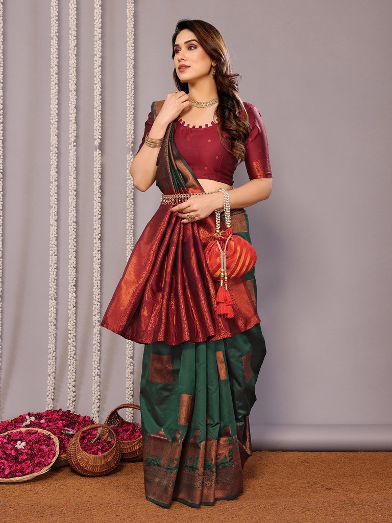 Maroon Green Banarasi Soft Silk Saree