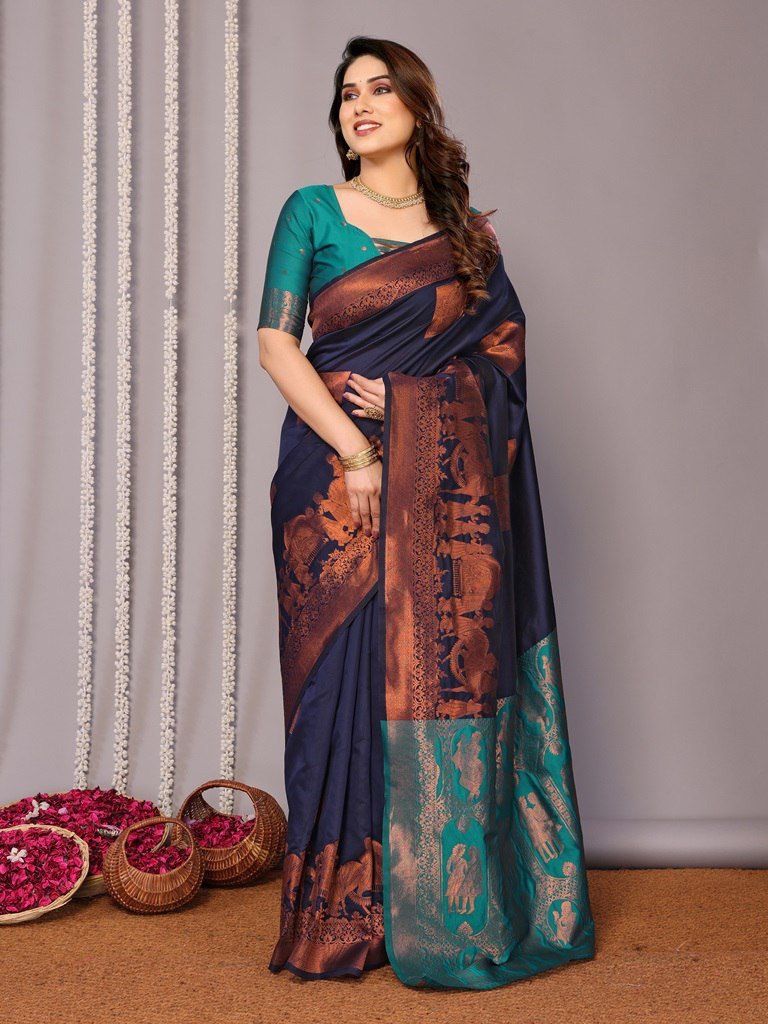 Premium Blue Brown Banarasi Soft Silk Saree | Traditional Wedding Saree with Zari Work | Pure Silk Jacquard Designer Saree | Ethnic Bridal Saree