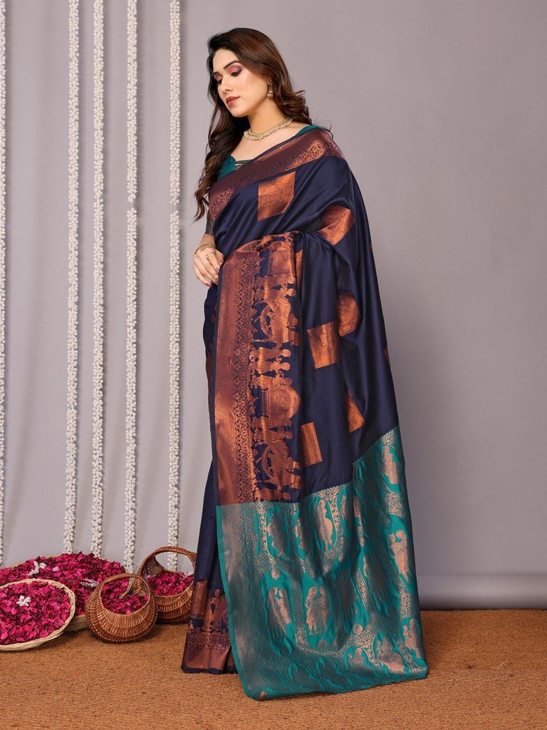 Blue Brown Banarasi Silk Saree | Designer Zari Work Saree | Premium Wedding Saree | Traditional Indian Ethnic Wear | Bridal Silk Saree