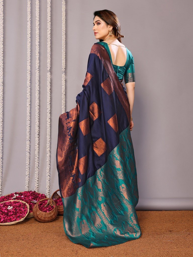 Premium Banarasi Soft Silk Saree | Blue Brown Wedding Saree | Traditional Jacquard Silk Saree | Ethnic Bridal Saree | Designer Zari Work Saree