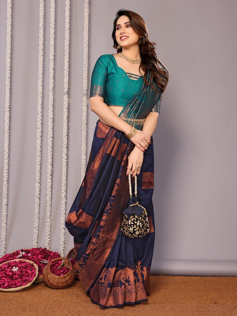 Elegant Banarasi Silk Saree | Traditional Blue Brown Saree | Premium Zari Work Saree | Indian Wedding Saree | Designer Ethnic Saree