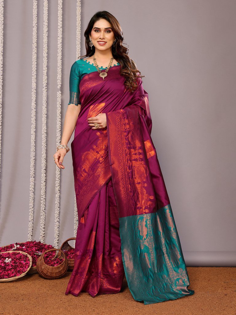 Brown And Dark Pink Banarasi Soft Silk Saree