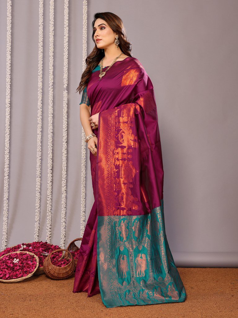 Brown And Dark Pink Banarasi Soft Silk Saree