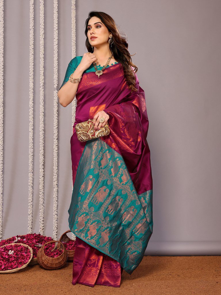 Woman wearing brown and dark pink Banarasi soft silk saree – festive wedding look