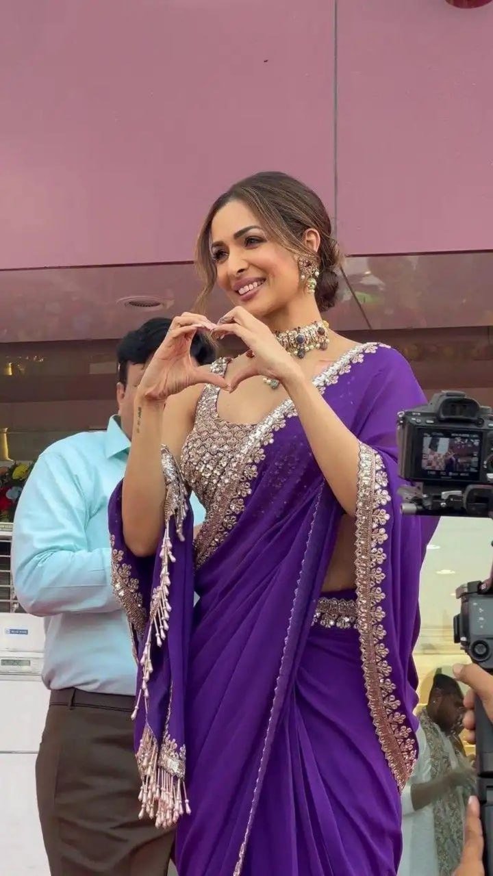 Purple faux georgette saree with gold thread embroidery – designer party wear saree 2025